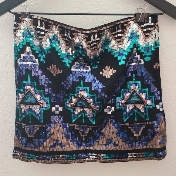 Women's small pull on elastic waist aztec sequin skirt EUC art deco NYE - Picture 3 of 8